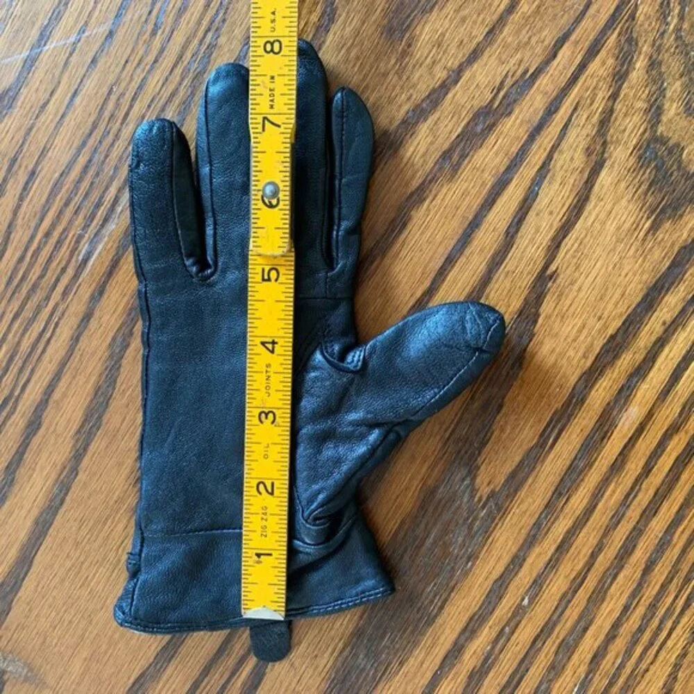 Black Leather Winter Gloves Small Fleece Lined Elastic Wrist Pull Tab Classic